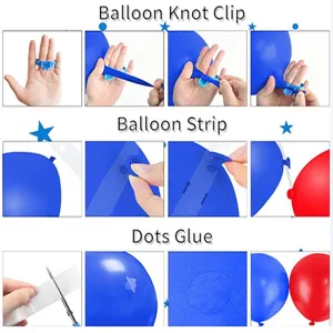 Balloon accessory instruction detail showing knot clip, strip and glue dots usage steps.