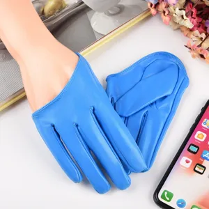 Blue PU leather full-finger gloves for women stage performance night club wear.