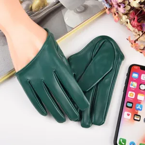 Dark green full finger PU leather gloves for women, stylish stage performance and daily wear.