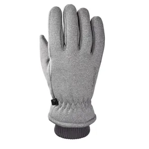 Detailed view of grey winter ski gloves with thermal fleece lining and adjustable wrist strap.