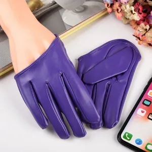 Purple PU leather short gloves for women, stylish stage and party wear accessories.