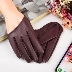 Dark brown women full finger PU leather gloves for stage performance and night club wear styling