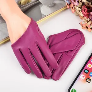 Women purple PU leather short gloves for stage performance party costume stylish accessory