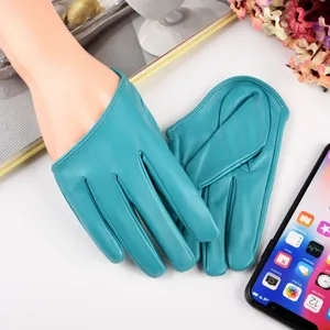 Cyan PU leather full finger gloves for women, stylish stage performance fashion accessory.