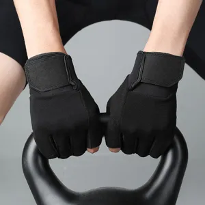 Black half-finger fitness gloves with wrist support, non-slip gym workout gear detail.