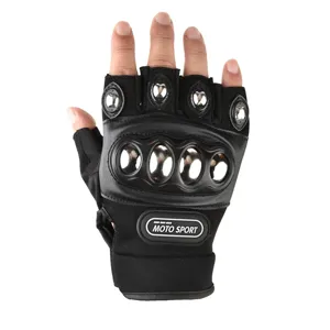 Black half-finger motorcycle gloves with metal knuckle protection for tactical sports riding.