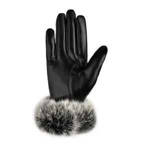 Women winter warm gloves PU leather rabbit fur cuff touchscreen windproof fashion chic black