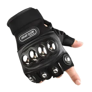 Tactical half-finger motorcycle riding gloves with metal knuckle protection and secure wrist strap.