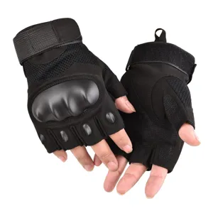 Detail shot of black tactical half finger gloves with hard knuckle protection and breathable mesh.