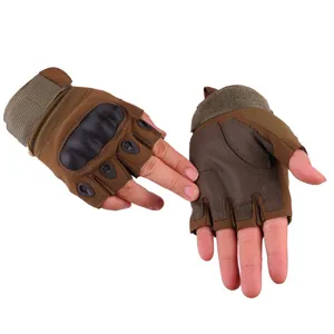 Close-up view of tactical half-finger gloves showing durable hard knuckle protection and palm grip.