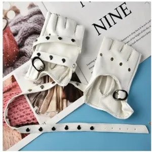 White PU leather half-finger gloves with punk rivet studs and adjustable buckle straps.