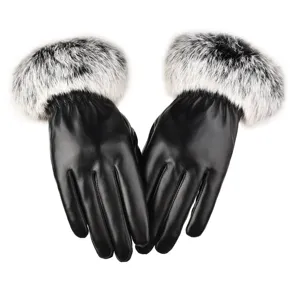 Women winter black PU leather gloves with fluffy fur cuff for warm driving and cycling daily use.