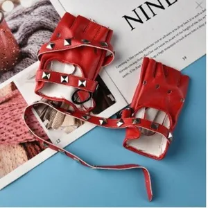 Women Red PU Leather Fingerless Gloves Punk Rivet Strap Street Dance Performance Accessories