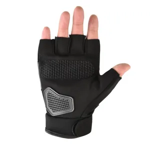 Close-up detail of black half-finger tactical gloves featuring shock-absorbing grip pads.