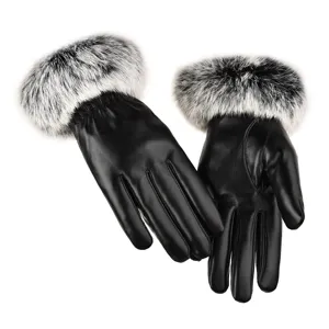 Women winter warm PU leather gloves with plush cuff touchscreen driving gloves elegant style