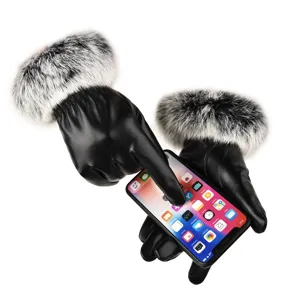 Women winter warm PU leather gloves with plush fur cuff touchscreen driving cycling detail view
