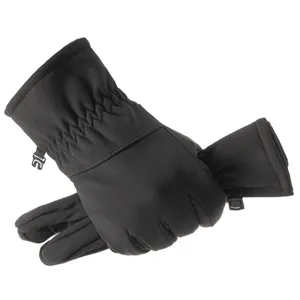 Detailed view of black winter thermal windproof gloves with secure buckle for outdoor sports.