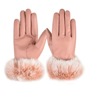 Details of women winter warm pink leather gloves with plush fur cuffs for daily outdoor wear.