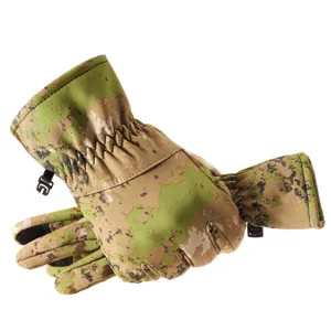 Detailed close-up shot of winter camo ski gloves showcasing windproof texture and wrist buckle.