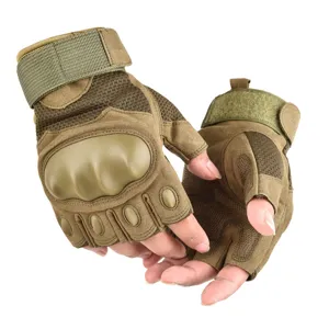 Detail view of tactical half-finger gloves featuring hard knuckle protection and breathable mesh.