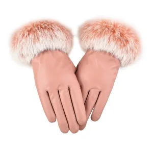 Women's winter warm PU leather gloves featuring fluffy plush fur cuffs for stylish daily wear.