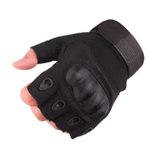 Outdoor black tactical half-finger gloves with hard knuckle protection for cycling and sports.