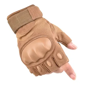 Tactical half-finger gloves detail view showing hard knuckle protection and mesh breathability.