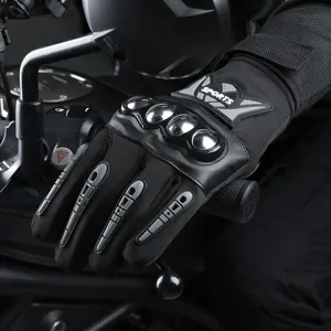 Durable black motorcycle riding gloves with metal knuckle protection for secure racing and sports.