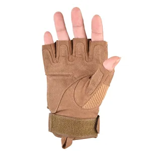 Tactical half-finger gloves detail shot showing breathable mesh and adjustable wrist strap.