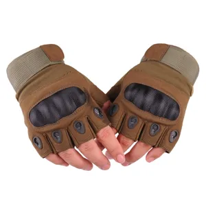 Detailed view of brown tactical half-finger gloves featuring hard shell knuckle protection.
