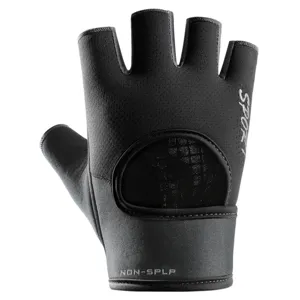 Close-up detail of black half-finger fitness sports gloves with breathable mesh design.