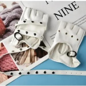 Womens punk style half finger PU leather gloves with metal rivets and fashion straps main image.