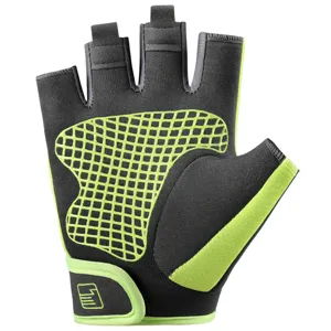 Detailed view of half-finger fitness glove, breathable fabric, neon green grip palm, and strap.