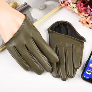 Detailed view of army green PU leather gloves, showing delicate stitching and smooth texture.