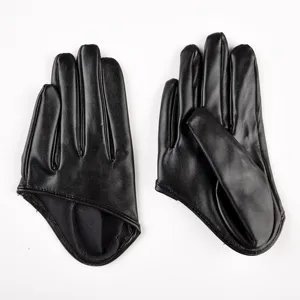 Black PU leather gloves detail shot, sleek full finger design for edgy street style or party.