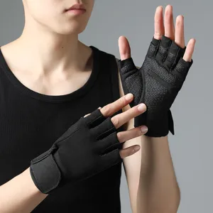 Men's half-finger fitness gloves with anti-slip palm padding and wrist support for gym training.