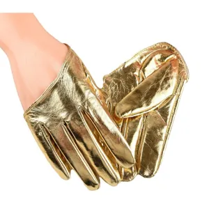 Shiny gold metallic full finger PU leather gloves for women stage party performance wear
