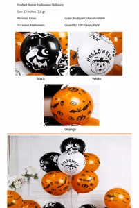 Halloween latex balloons detail showing multiple colors, ghost and pumpkin prints for party decor.