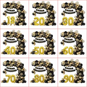 Black Gold Birthday Party Balloon Arch Kit With Foil Balloons And Happy Birthday Banner For Boy Man Celebration Decor