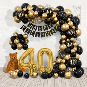 Black gold 40th birthday balloon arch kit with number balloons and banner for party decor