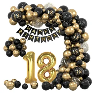 Black and gold 18th birthday balloon arch kit with number balloons and happy birthday banner.