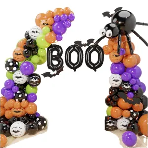 Halloween balloon arch kit with black BOO letter foil balloons and spider decoration for party.