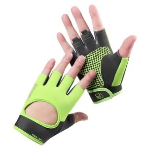 Close-up view of half-finger fitness gloves featuring breathable mesh and anti-slip palm.