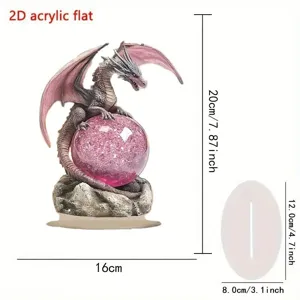 Detailed view of the 2D acrylic dragon ornament with clear dimension measurements and base.