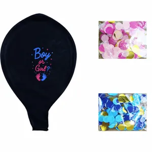 36 inch black gender reveal balloon set with blue and pink confetti for baby shower party decor.