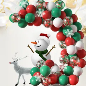 Christmas balloon arch kit with red green white confetti balloons and festive snowman reindeer decor.
