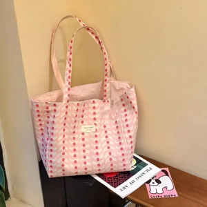Pink wavy dot canvas tote bag, large capacity casual shoulder bag for women daily commute.