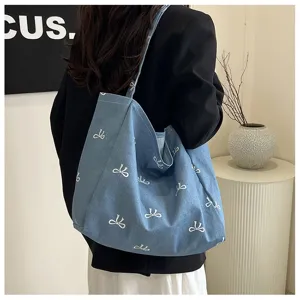 Bow denim tote bag, casual large capacity shoulder bag for women, stylish daily use.