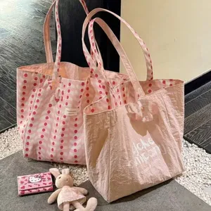 Korean style pink canvas tote bag, large capacity casual shoulder bag for women daily commute