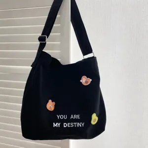 Casual black canvas tote bag large capacity shoulder crossbody bag detail view